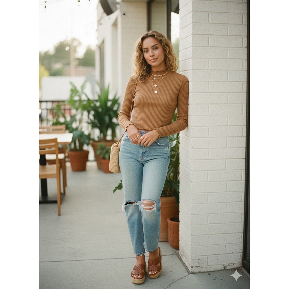 Vtg tobacco Ribbed Mock Neck Crop Top Earth Tone Neutral Basics XXS lettuce, hem